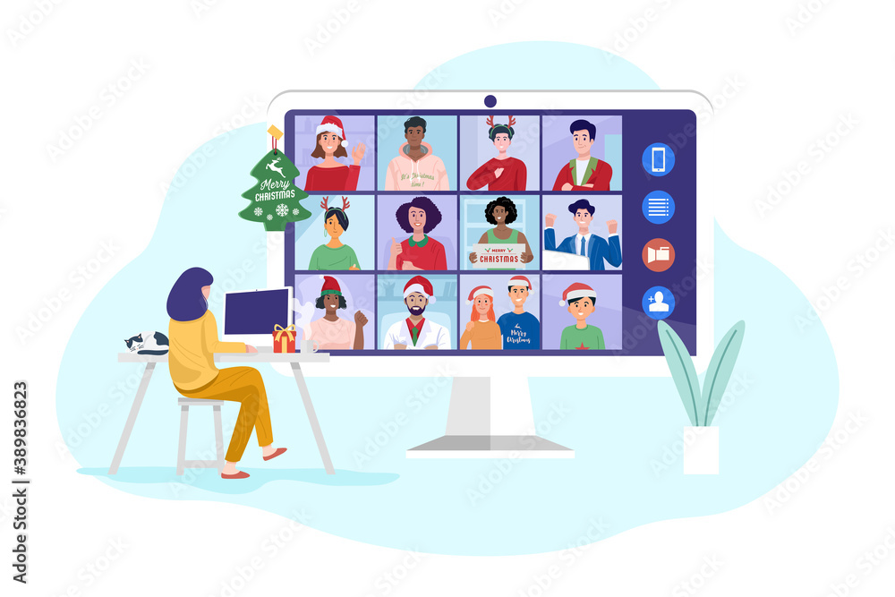 Young woman having video conference on computer with her friends at home. Vector Young woman having video conference on computer with her friends at home. Vector