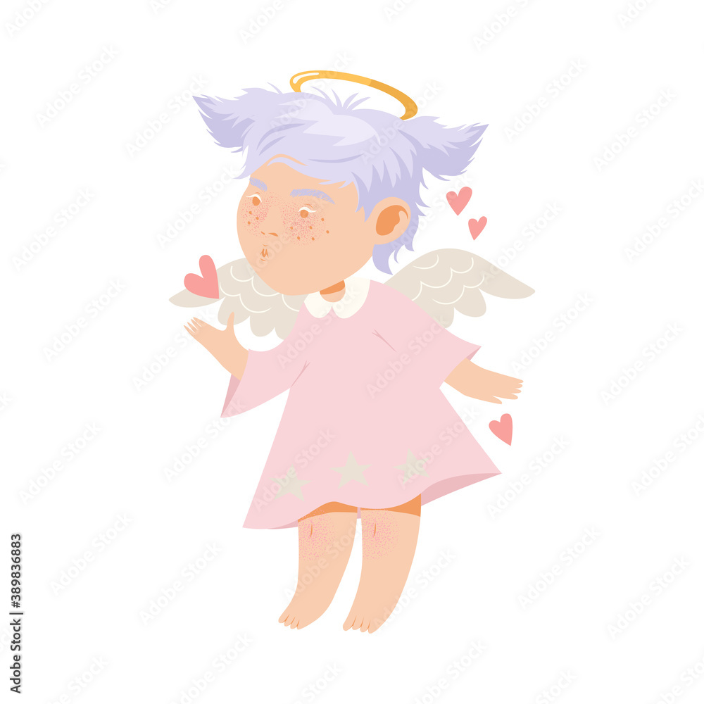 Little Girl Angel with Nimbus and Wings Sending Heart and Kisses Vector Illustration Little Girl Angel with Nimbus and Wings Sending Heart and Kisses Vector Illustration