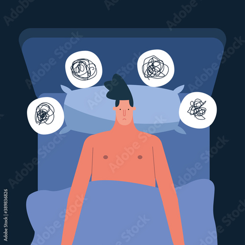 man in bed thinking problems suffering from insomnia character