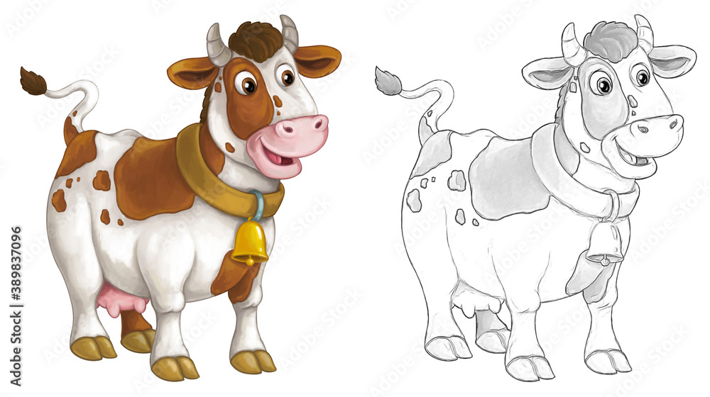 Cartoon sketch scene with cow bull is looking and smiling - illustration Cartoon sketch scene with cow bull is looking and smiling - illustration