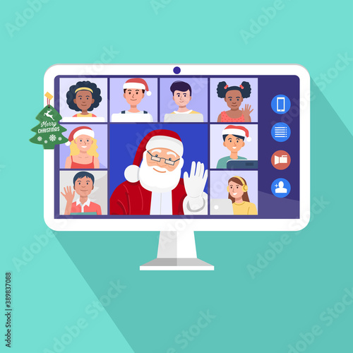 Santa Claus having video conference on computer with children at home. Vector