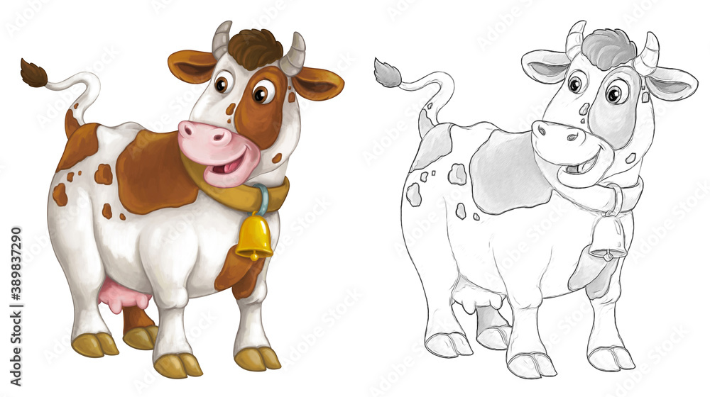 Fototapeta premium Cartoon sketch scene with cow bull is looking and smiling - illustration