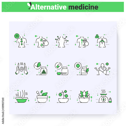 Alternative medicine line icons set. Naturopathy, chiropractic, reiki and more. Health care and wellness. Complementary and alternative medicine types. Isolated vector illustration. Editable stroke  photo