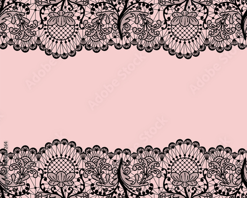 Horizontally seamless pink lace background with black lace borders