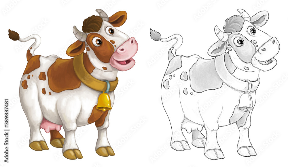 Cartoon sketch scene with cow bull is looking and smiling - illustration Cartoon sketch scene with cow bull is looking and smiling - illustration
