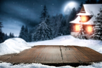Desk of free space and winter landscape 