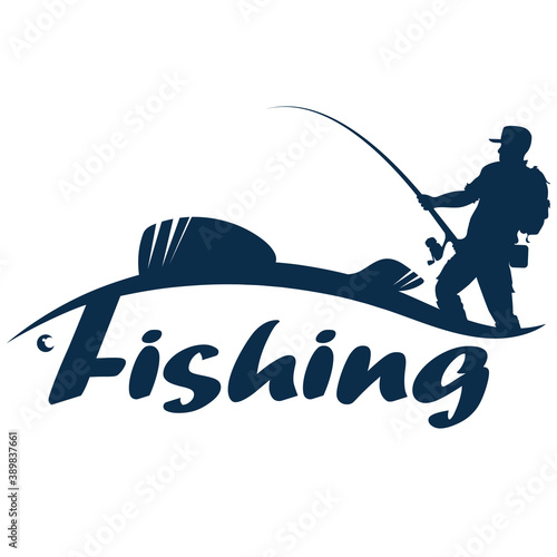 Fisherman with fishing rod and fish on the wave silhouette