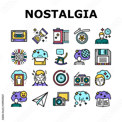 Nostalgia And Memory Collection Icons Set Vector. Retro Music Cassette And Photo Camera Roll, Computer Diskette And Sandglass Concept Linear Pictograms. Color Contour Illustrations