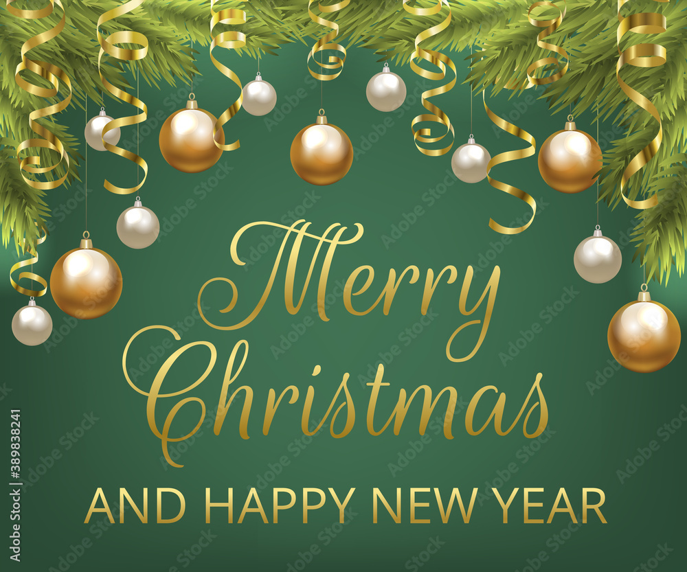 Fototapeta premium Christmas fir tree with baubles and golden serpentine. Christmas card