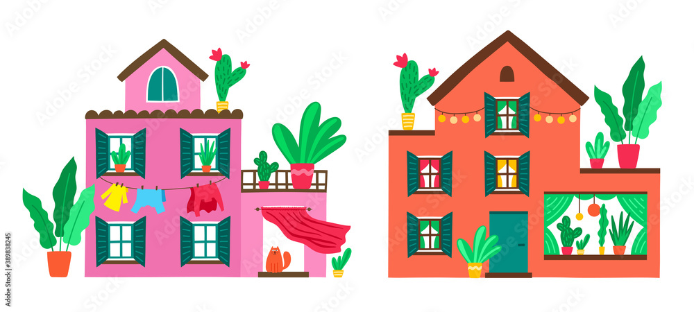 Cute family houses with beautiful nature and flowering plants. Vector illustration set