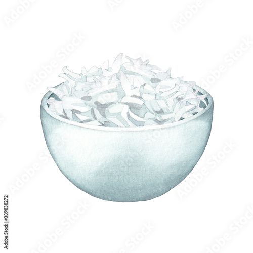 Watercolor bowls of coconut flakes isolated on the white background