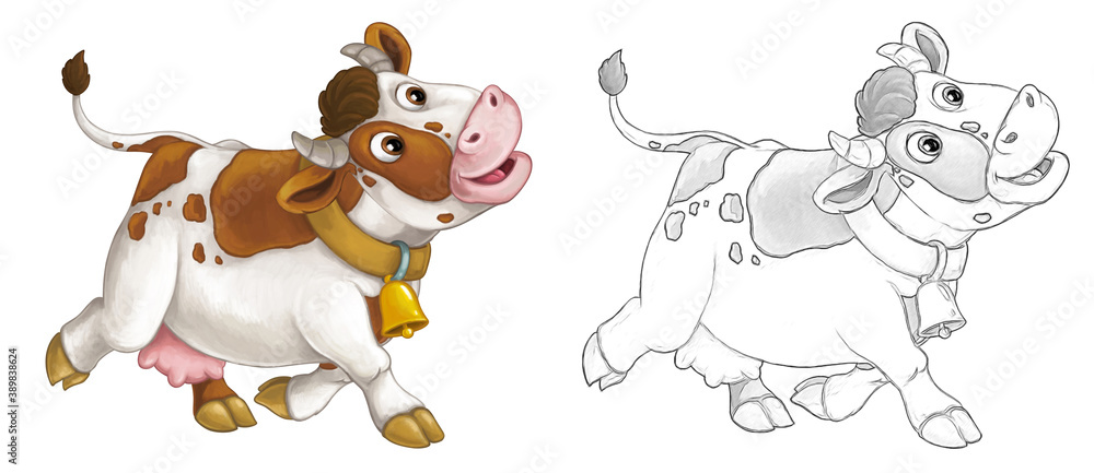 Fototapeta premium Cartoon sketch scene with cow bull is looking and smiling - illustration