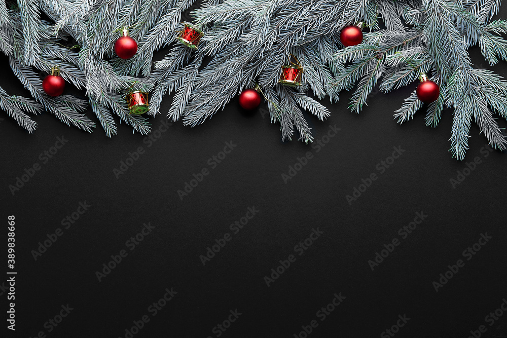 Merry Christmas and Happy Holidays greeting card, frame, banner. Black background.