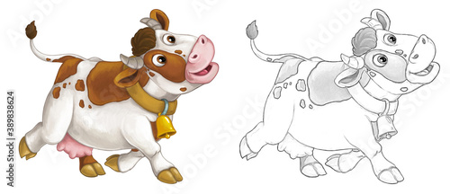 Cartoon sketch scene with cow bull is looking and smiling - illustration