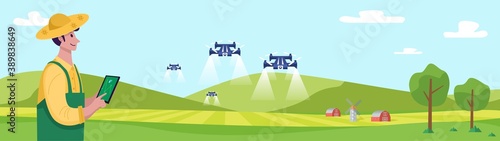 Future of farming, Young farmer operating drone to spray fertilizer on the green field, Vector Illustration