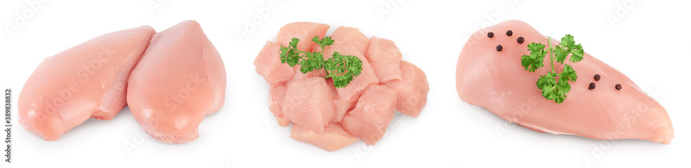 Fresh chicken fillet isolated on white background with full depth of field. Set or collection Fresh chicken fillet isolated on white background with full depth of field. Set or collection