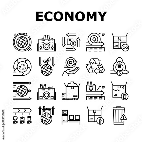 Circular And Linear Economy Model Icons Set Vector. Eco Friendly Plant And Industrial Factory, Manufacturing And Waste World Economy Black Contour Illustrations