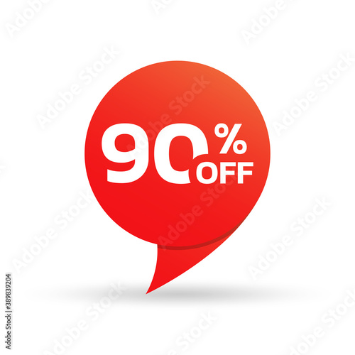 90% off sale tag or sticker. Discount price label, badge for promo banner design. Vector illustration.