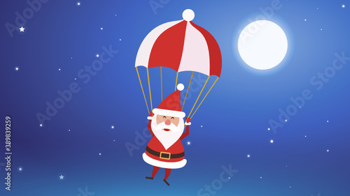 Santa Claus in a parachute on a starry night (flat design)
