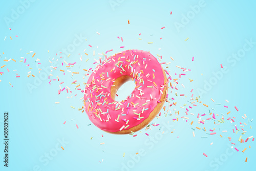 Flying Pink Donut with Frosted sprinkled on blue background