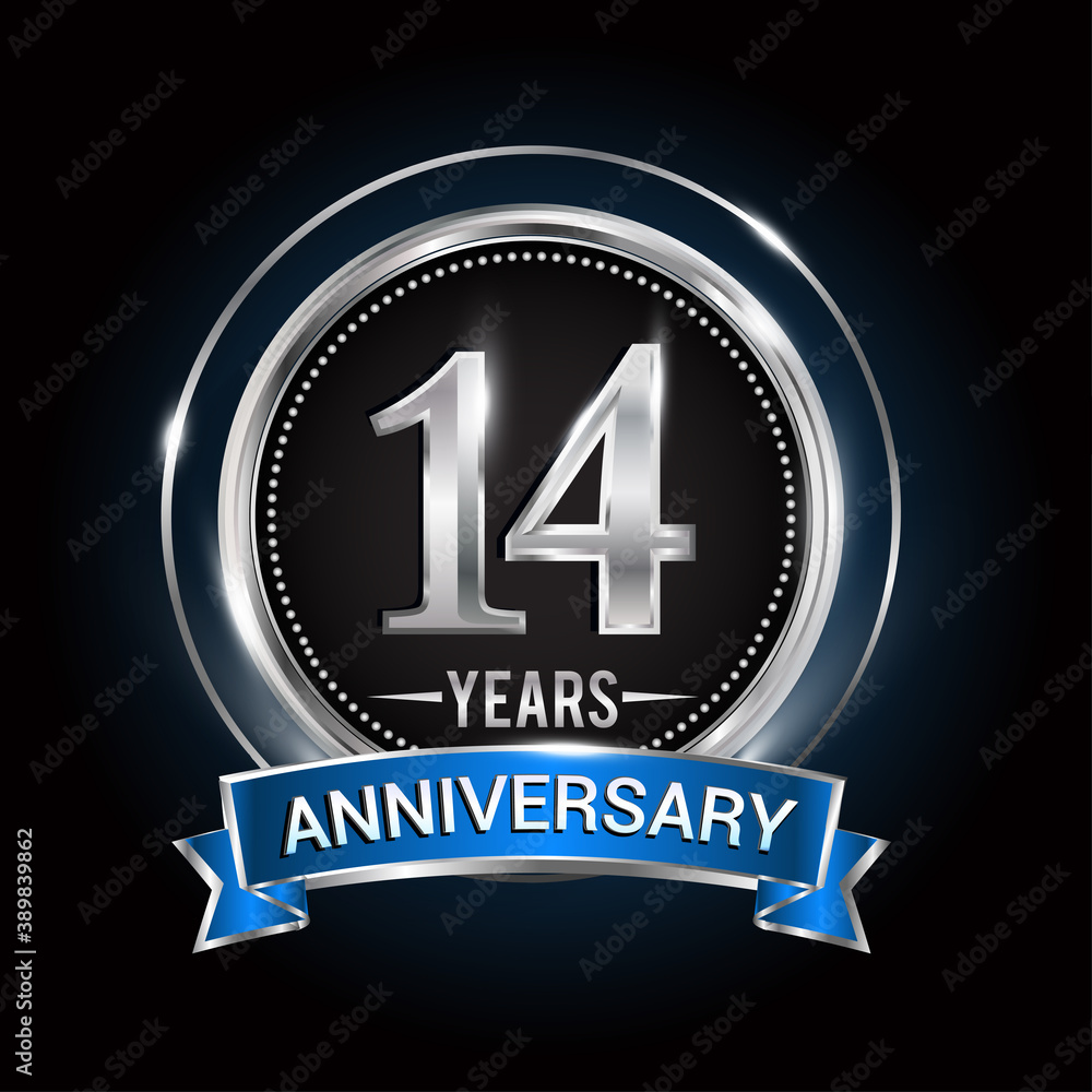 14th birthday logo with silver ring and blue ribbon, Vector design template elements for anniversary celebration, wedding, jubilee, greeting card, invitation, party. 14th birthday logo with silver ring and blue ribbon, Vector design template elements for anniversary celebration, wedding, jubilee, greeting card, invitation, party.