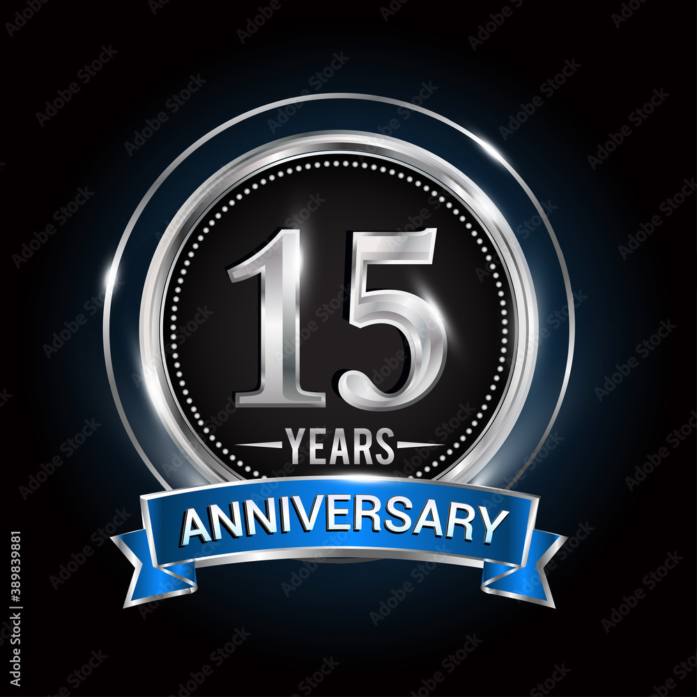 15th birthday logo with silver ring and blue ribbon, Vector design template elements for anniversary celebration, wedding, jubilee, greeting card, invitation, party. 15th birthday logo with silver ring and blue ribbon, Vector design template elements for anniversary celebration, wedding, jubilee, greeting card, invitation, party.