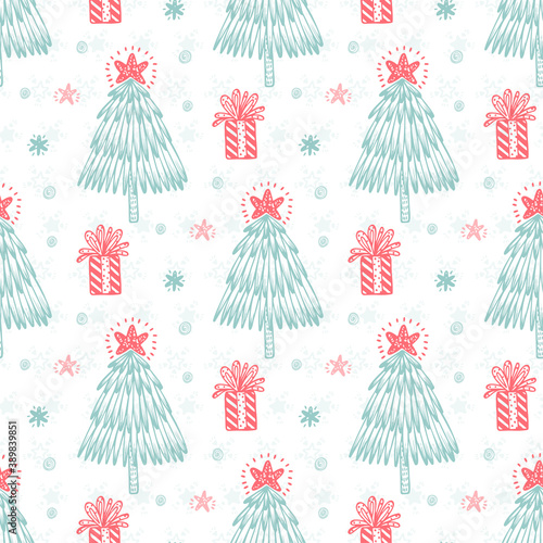 Winter. Christmas and New Year Seamless Pattern. Hand drawn Doodle Christmas Tree  Gift  Snow  Snowflakes  Snowballs  Stars. Holiday Xmas wallpaper.