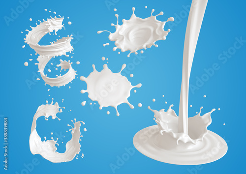 Set of milk splash and pouring