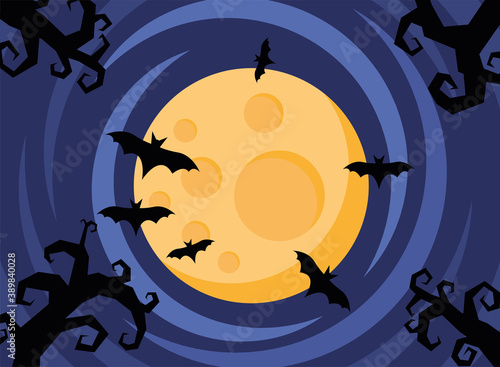 happy halloween card with bats flying and fullmoon scene