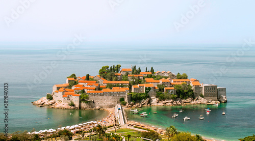 The old city Sveti Stefan and the island in Montenegro, Europe, adriatic sea coast