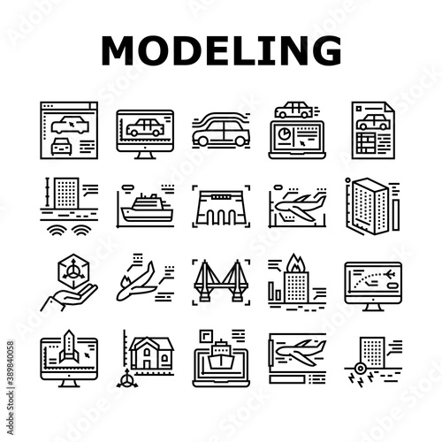 Modeling Engineering Collection Icons Set Vector. Ship And Airplane, Bridge And Dam, Building And House Architectural Modeling Black Contour Illustrations
