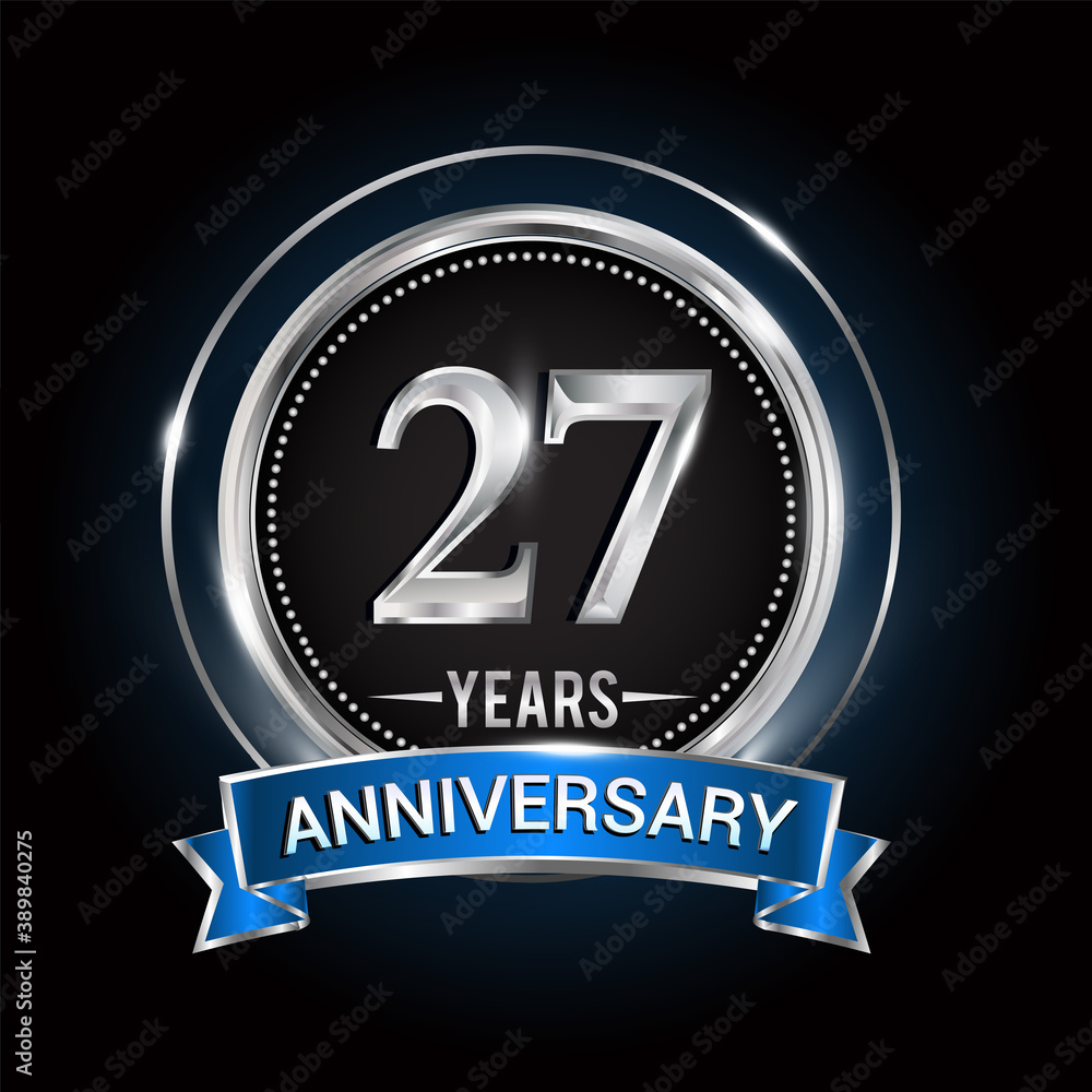 27th birthday logo with silver ring and blue ribbon, Vector design template elements for anniversary celebration, wedding, jubilee, greeting card, invitation, party. 27th birthday logo with silver ring and blue ribbon, Vector design template elements for anniversary celebration, wedding, jubilee, greeting card, invitation, party.