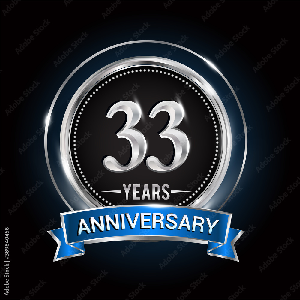 33rd birthday logo with silver ring and blue ribbon, Vector design template elements for anniversary celebration, wedding, jubilee, greeting card, invitation, party. 33rd birthday logo with silver ring and blue ribbon, Vector design template elements for anniversary celebration, wedding, jubilee, greeting card, invitation, party.