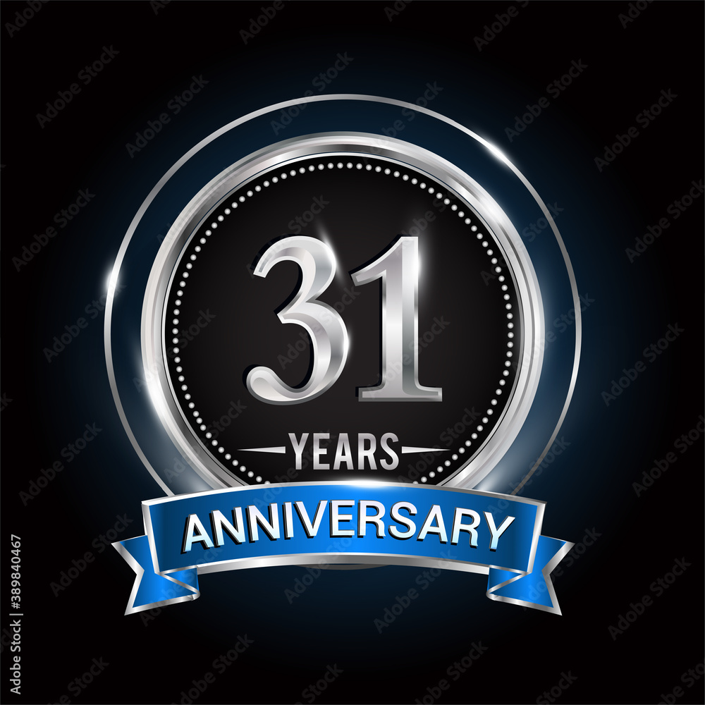 31st birthday logo with silver ring and blue ribbon, Vector design template elements for anniversary celebration, wedding, jubilee, greeting card, invitation, party. 31st birthday logo with silver ring and blue ribbon, Vector design template elements for anniversary celebration, wedding, jubilee, greeting card, invitation, party.