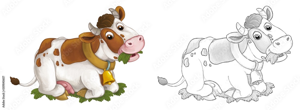 Obraz premium Cartoon sketch scene with cow bull is looking and smiling - illustration