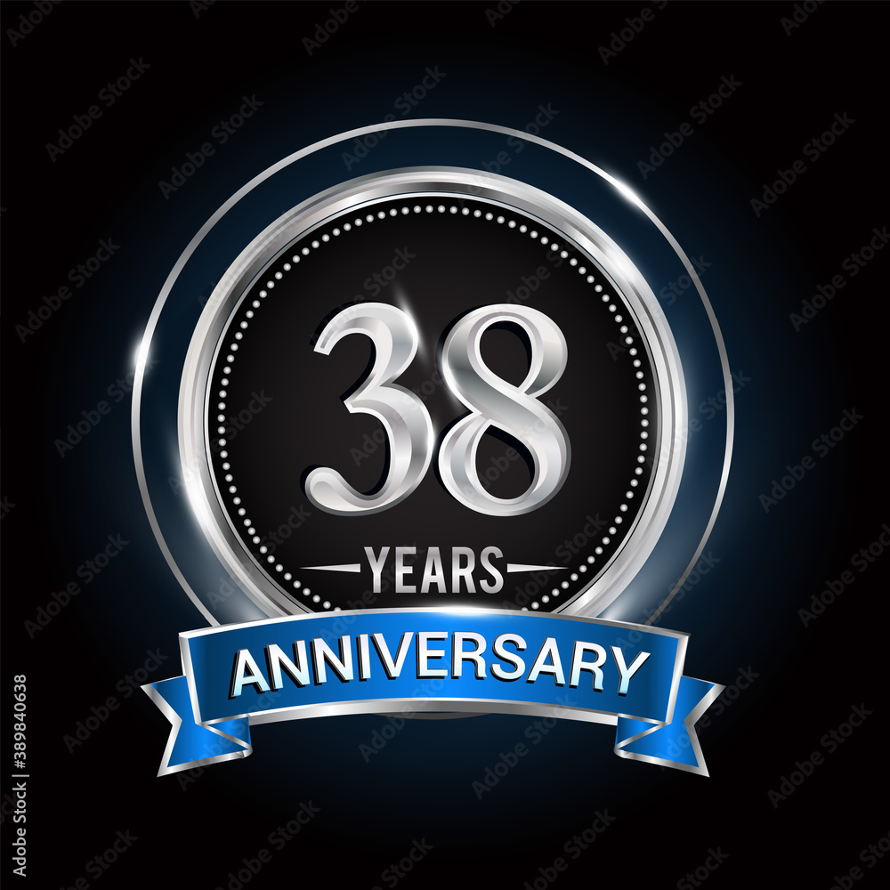 38th birthday logo with silver ring and blue ribbon, Vector design template elements for anniversary celebration, wedding, jubilee, greeting card, invitation, party. 38th birthday logo with silver ring and blue ribbon, Vector design template elements for anniversary celebration, wedding, jubilee, greeting card, invitation, party.