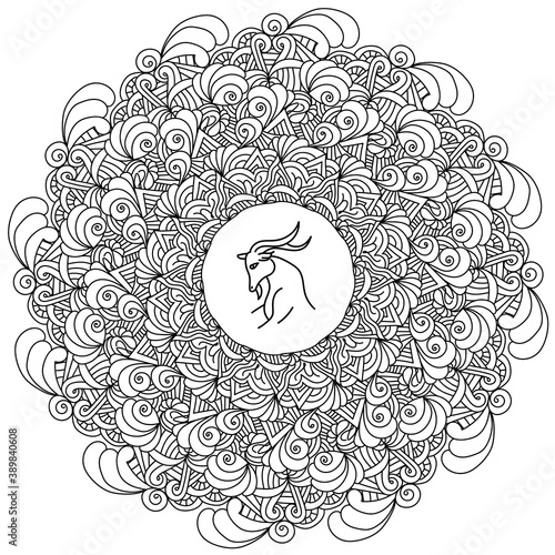 Antistress mandala with curls, linear patterns and the image of the zodiac sign capricorn in the center, contour zen frame with waves and doodles