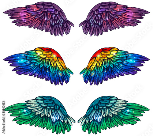Set of beautiful magic bright shiny wings, vector