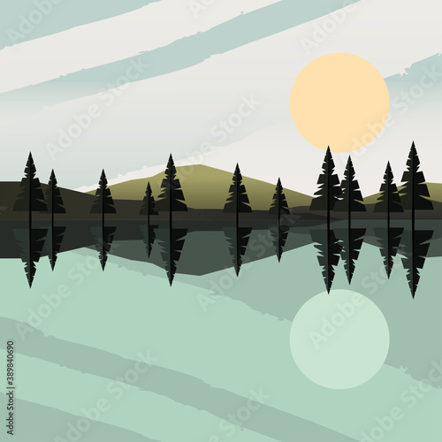 beautiful landcape scene with forest and lake