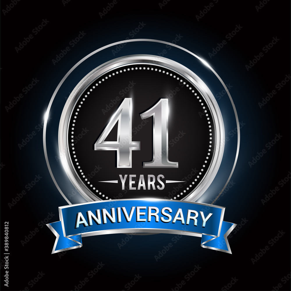41st birthday logo with silver ring and blue ribbon, Vector design template elements for anniversary celebration, wedding, jubilee, greeting card, invitation, party. 41st birthday logo with silver ring and blue ribbon, Vector design template elements for anniversary celebration, wedding, jubilee, greeting card, invitation, party.