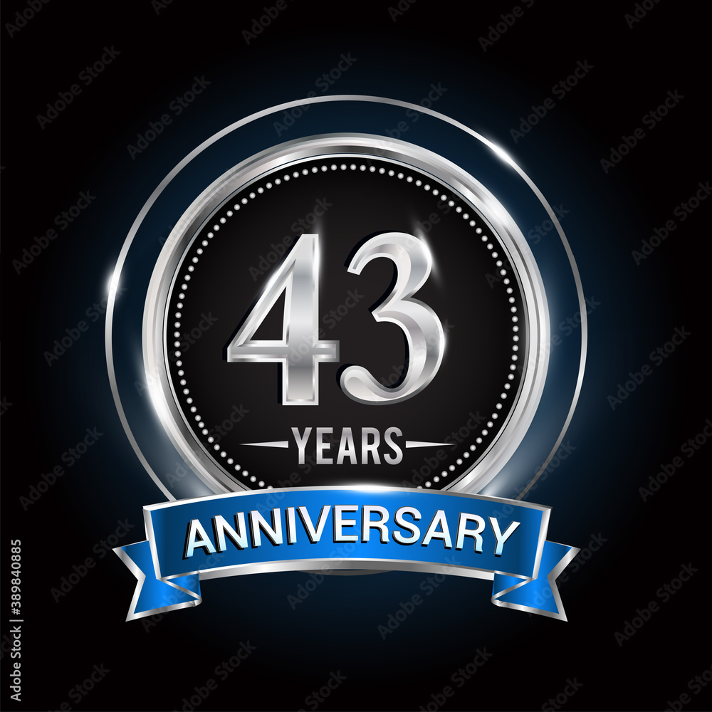 43rd birthday logo with silver ring and blue ribbon, Vector design template elements for anniversary celebration, wedding, jubilee, greeting card, invitation, party. 43rd birthday logo with silver ring and blue ribbon, Vector design template elements for anniversary celebration, wedding, jubilee, greeting card, invitation, party.