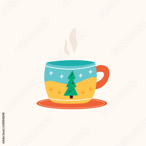 Christmas cup or mug of hot drink with cute fir tree and winter decoration on plate . Vector illustration in flat cartoon style.	