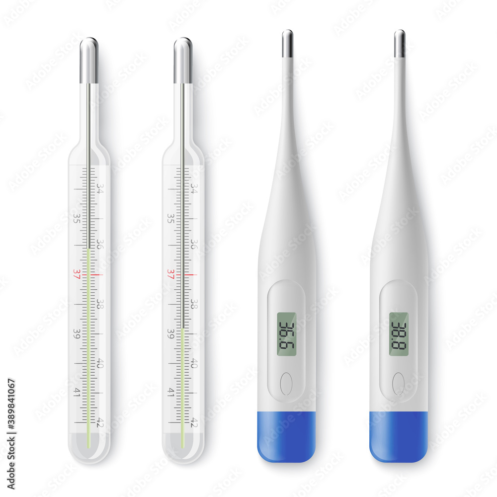 Set of digital and classic glass mercury medical thermometer a vector illustration Set of digital and classic glass mercury medical thermometer a vector illustration