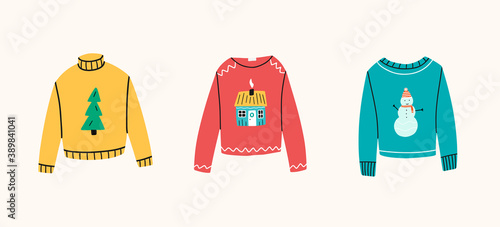 Collection of christmas sweaters or jumpers with various prints snowman, tiny winter house, fir tree. Knitted woolen warm clothing pullovers. Vector hand drawn illustration in cartoon style.	
