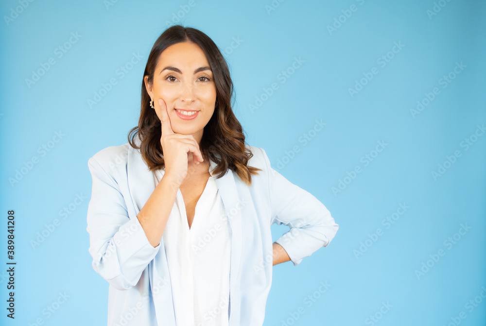 Young beautiful woman wearing elegant clothes over blue isolated background clueless and confused, no idea concept. Young beautiful woman wearing elegant clothes over blue isolated background clueless and confused, no idea concept.