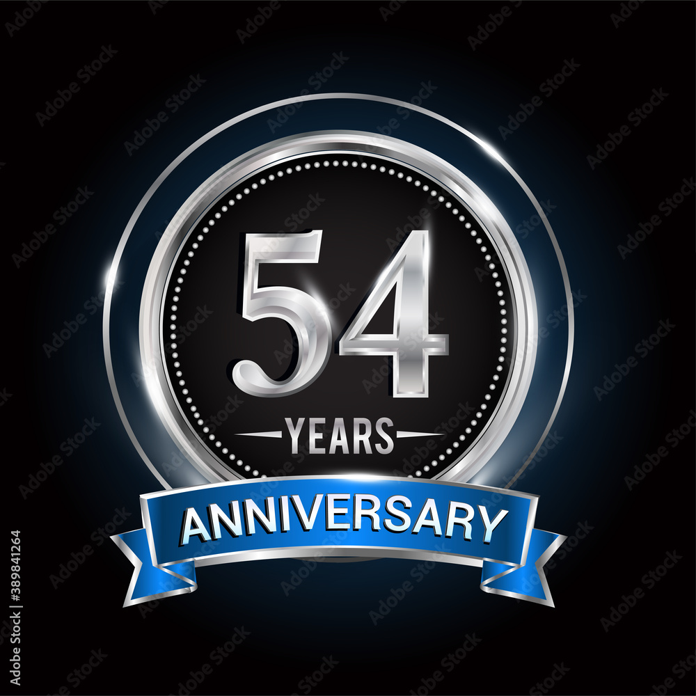 54th birthday logo with silver ring and blue ribbon, Vector design template elements for anniversary celebration, wedding, jubilee, greeting card, invitation, party. 54th birthday logo with silver ring and blue ribbon, Vector design template elements for anniversary celebration, wedding, jubilee, greeting card, invitation, party.