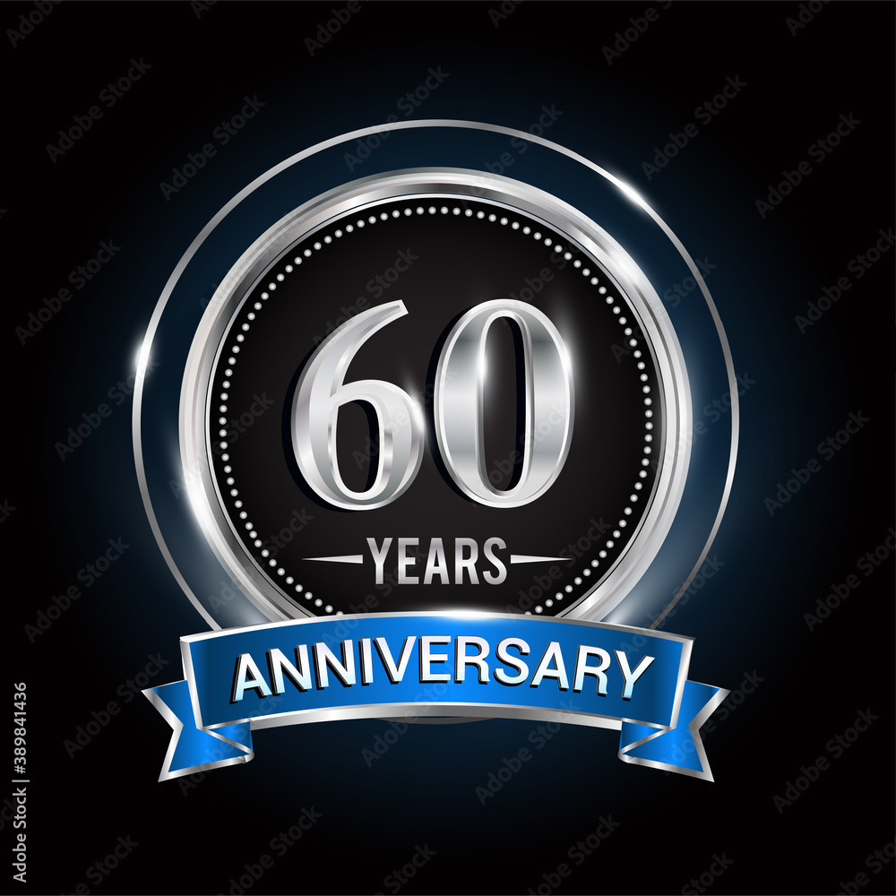 60th birthday logo with silver ring and blue ribbon, Vector design template elements for anniversary celebration, wedding, jubilee, greeting card, invitation, party. 60th birthday logo with silver ring and blue ribbon, Vector design template elements for anniversary celebration, wedding, jubilee, greeting card, invitation, party.