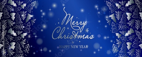 Colored christmas party flyers, banner, poster or postcard with forest silhouette and inscription for the new year holiday. Winter illustration for deals and sales discounts of december