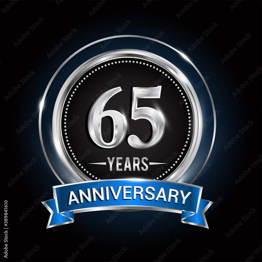 65th birthday logo with silver ring and blue ribbon, Vector design template elements for anniversary celebration, wedding, jubilee, greeting card, invitation, party. 65th birthday logo with silver ring and blue ribbon, Vector design template elements for anniversary celebration, wedding, jubilee, greeting card, invitation, party.