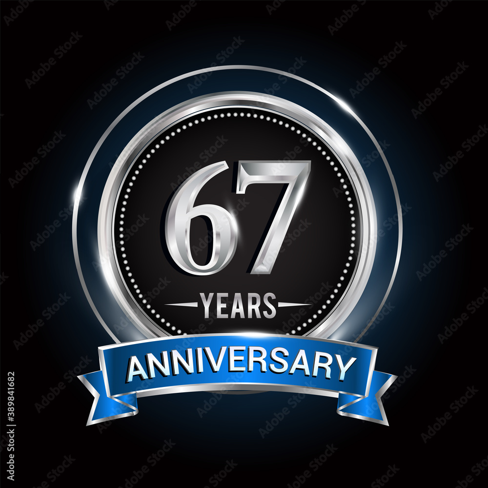 67th birthday logo with silver ring and blue ribbon, Vector design template elements for anniversary celebration, wedding, jubilee, greeting card, invitation, party. 67th birthday logo with silver ring and blue ribbon, Vector design template elements for anniversary celebration, wedding, jubilee, greeting card, invitation, party.